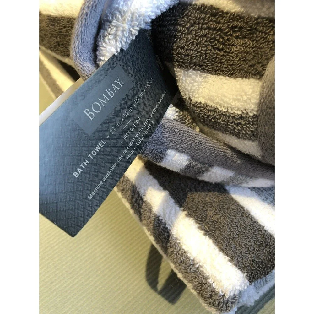 Bombay Bath Towels 2PC Gray White Stripes 100% Cotton Made In India New